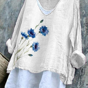 Vintage Floral V Neck Long Sleeve T-shirt, T-shirts, color:White|size:4XL, catalog Noracora shop