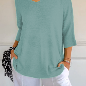 Women Plain Three Quarter Sleeve Tee T-shirt V Neck Printing Casual Spring/Fall Top, JustFashionNow T-Shirts, color:Aqua|size:M