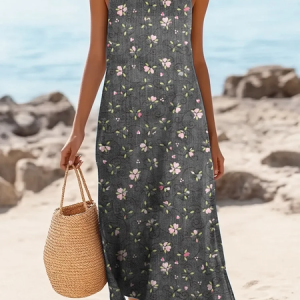 Women Floral Sleeveless Summer Printing Dress Crew Neck Daily Casual Maxi Tank H-Line Dress, JustFashionNow Casual Dresses, color:Deep Gray|size:4XL,