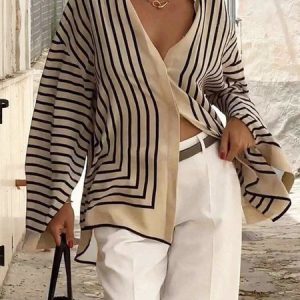 Urban Striped Printing Bell Sleeve Shirt, Blouses and Shirts, color:As Picture|size:XXL, Stylewe