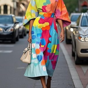 Vacation Abstract Raglan Sleeve Printing Crew Neck Maxi Dress, Maxi Dresses, color:As Picture|size:XXL, Stylewe