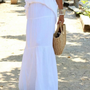 Vacation Gathered Plain Maxi Skirt, Skirts, color:White|size:XXL, Stylewe