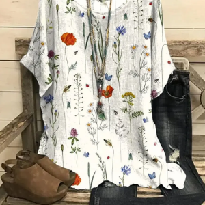 Vintage Floral Crew Neck Three Quarter Sleeve T-shirt, T-shirts, color:As Picture|size:4XL, catalog Noracora shop
