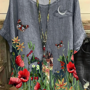 Women Floral Short Sleeve Tee T-shirt Crew Neck Printing Casual Summer Graphic Tee Top, JustFashionNow T-Shirts, color:Gray|size:4XL