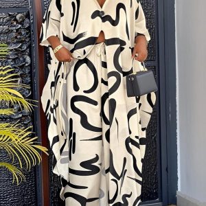 Plus Size Abstract Print Longline Top & Pants Set, women Two Piece Sets(plus), ChicMe catalog