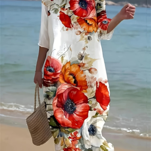 Women Floral Half Sleeve Summer Printing Dress Crew Neck Daily Casual Maxi H-Line Dress, JustFashionNow Casual Dresses, color:White|size:5XL,