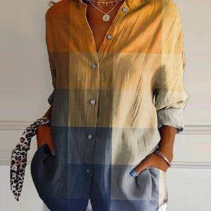 Women Plaid Long Sleeve Shirt Spring/Fall Buckle Shirt Collar Daily Casual Top, JustFashionNow Shirts, color:As Picture|size:XXL,