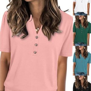Casual Plain V Neck Short Sleeve T-shirt, T-shirts, color:Pink|size:XXL, catalog Noracora shop