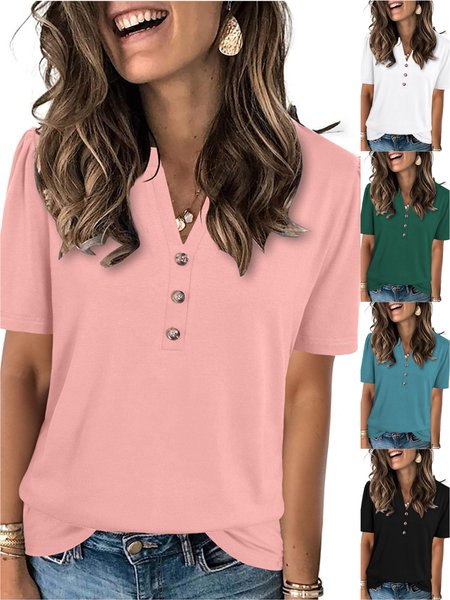 Women Plain Short Sleeve Tee T-shirt V Neck Casual Summer Top, JustFashionNow T-Shirts, color:Pink|size:XXL,
