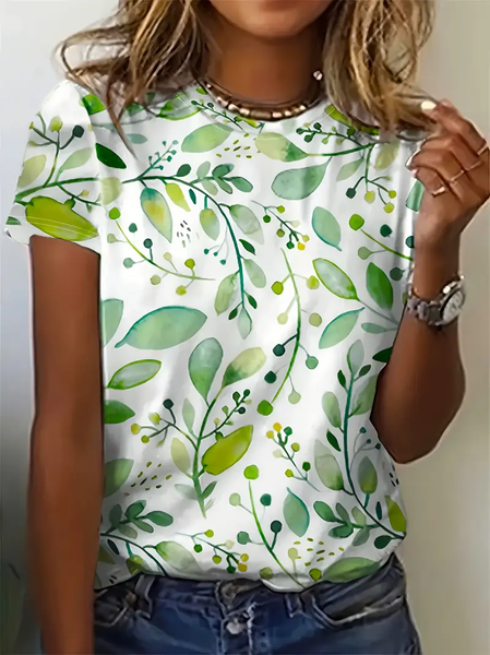 Women Floral Short Sleeve Tee T-shirt Crew Neck Printing Casual Summer Graphic Tee Top, JustFashionNow T-Shirts, color:White|size:XXL - Image 11