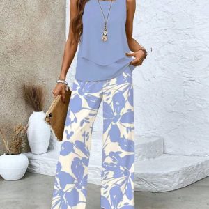 Women Abstract Graphic Square Neck Sleeveless Comfy Casual Two-Piece Set, Sets, color:Blue|size:3XL, catalog Noracora shop