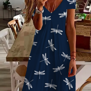 Women Dragonfly Short Sleeve Summer Printing Dress V Neck Daily Casual Midi Fit & Flare Dress A-Line Dress, JustFashionNow Casual Dresses, color:Purplish Blue|size:5XL,