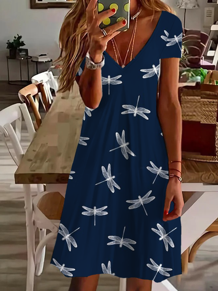 Women Dragonfly Short Sleeve Summer Printing Dress V Neck Daily Casual Midi Fit & Flare Dress A-Line Dress, JustFashionNow Casual Dresses, color:Purplish Blue|size:5XL,