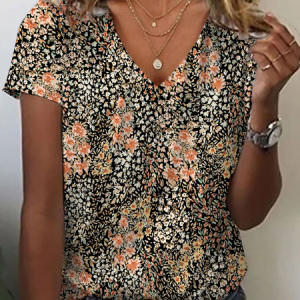 Women Floral Short Sleeve Tee T-shirt V Neck Printing Casual Summer Graphic Tee Top, JustFashionNow T-Shirts, color:Brown|size:XXL