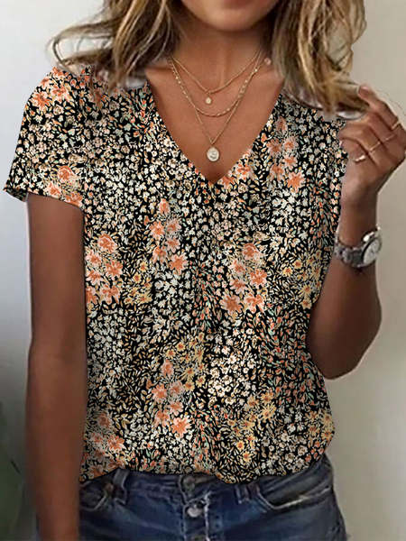 Women Floral Short Sleeve Tee T-shirt V Neck Printing Casual Summer Graphic Tee Top, JustFashionNow T-Shirts, color:Brown|size:XXL,