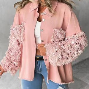 Contrast Sequin Fluffy Raw Hem Shacket, women Jackets&Coats, ChicMe catalog