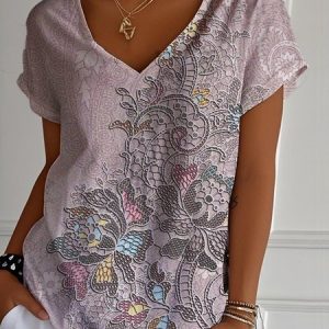 Women Paisley Short Sleeve Tee T-shirt V Neck Casual Summer Top, JustFashionNow T-Shirts, color:Purple|size:XXL,