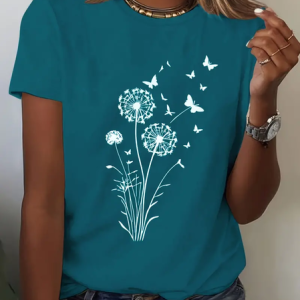Women Floral Short Sleeve Tee T-shirt Crew Neck Printing Casual Summer Graphic Tee Top, JustFashionNow T-Shirts, color:Cyan|size:XXL