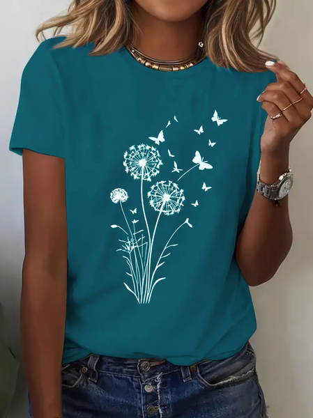 Women Floral Short Sleeve Tee T-shirt Crew Neck Printing Casual Summer Graphic Tee Top, JustFashionNow T-Shirts, color:Cyan|size:XXL