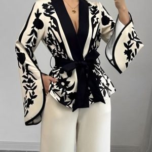 Elegant Split Sleeve Floral V Neck Kimono With Belt, Kimonos, color:As Picture|size:XXL, Stylewe