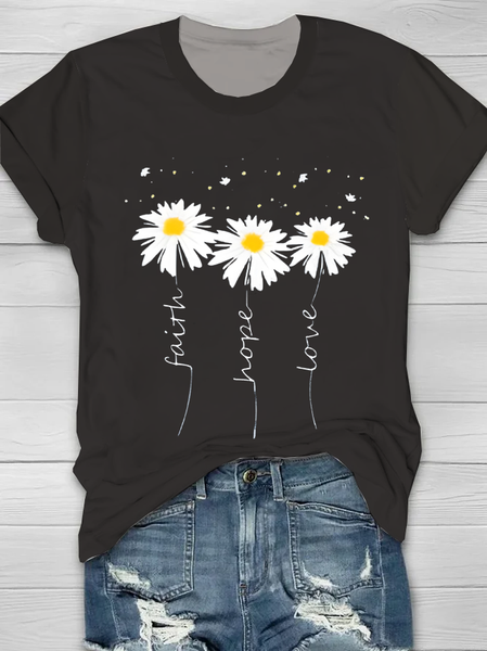 Women Floral Short Sleeve Tee T-shirt Crew Neck Printing Casual Summer Graphic Tee Top, JustFashionNow T-Shirts, color:Black|size:XXL,