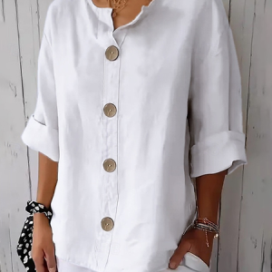 Women Plain Long Sleeve Shirt Spring/Fall Printing Stand Collar Daily Casual Top, JustFashionNow Shirts, color:White|size:5XL