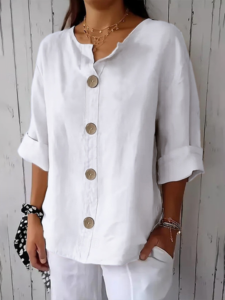 Women Plain Long Sleeve Shirt Spring/Fall Printing Stand Collar Daily Casual Top, JustFashionNow Shirts, color:White|size:5XL