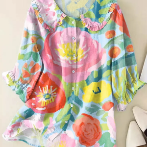 Women Floral Short Sleeve Shirt Summer Printing Shawl Collar Daily Casual Top, JustFashionNow Shirts, color:Multicolor|size:5XL,