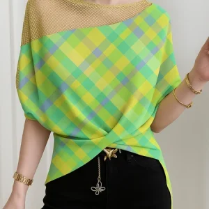 Casual Plaid Split Joint Crew Neck Blouse, Blouses and Shirts, color:Green|size:XXL, Stylewe