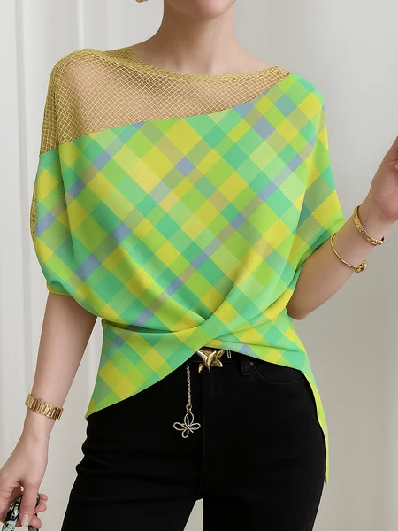 Casual Plaid Split Joint Crew Neck Blouse, Blouses and Shirts, color:Green|size:XXL, Stylewe