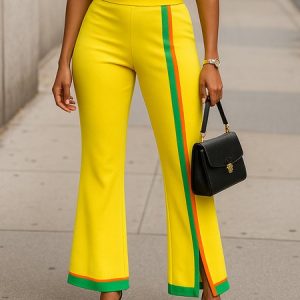 Casual Color Block Printing Flare Pants, Pants, color:Yellow|size:XXL, Stylewe