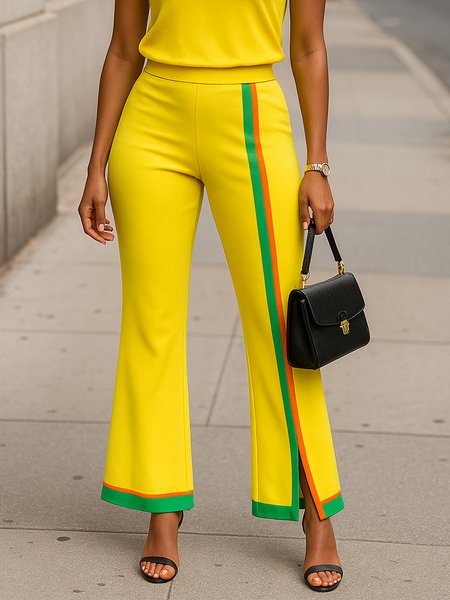 Casual Color Block Printing Flare Pants, Pants, color:Yellow|size:XXL, Stylewe