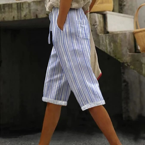 Women Striped Fifth Pants Pant Casual Summer Trousers, JustFashionNow Pants, color:Blue|size:4XL,