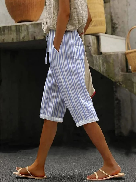 Women Striped Fifth Pants Pant Casual Summer Trousers, JustFashionNow Pants, color:Blue|size:4XL,