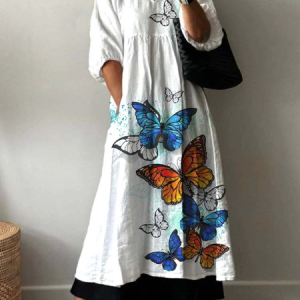 Women Butterfly Half Sleeve Summer Printing Dress V Neck Daily Casual Maxi A-Line Dress, JustFashionNow Casual Dresses, color:White|size:5XL,