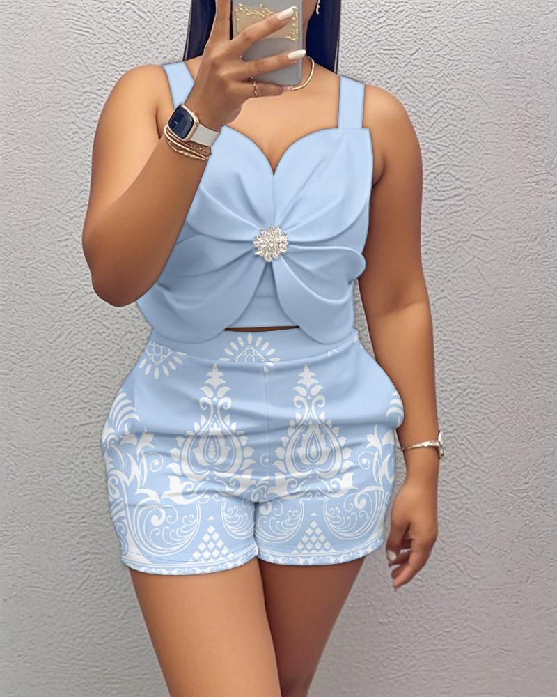 Cold Shoulder Thick Strap Bowknot Top and Casual Abstract Print Shorts Set, women Two-piece Sets, ChicMe catalog
