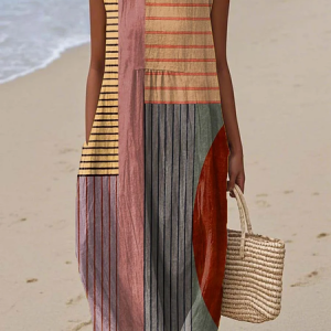 Women Striped Sleeveless Summer Printing Dress Crew Neck Daily Casual Maxi Tank H-Line Dress, JustFashionNow Casual Dresses, color:As Picture|size:4XL,