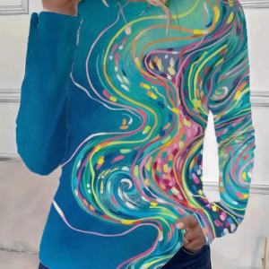 Women Abstract Long Sleeve Tee T-shirt Crew Neck Printing Casual Spring/Fall Graphic Tee Top, JustFashionNow T-Shirts, color:Blue|size:XXL