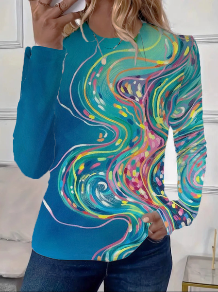 Women Abstract Long Sleeve Tee T-shirt Crew Neck Printing Casual Spring/Fall Graphic Tee Top, JustFashionNow T-Shirts, color:Blue|size:XXL