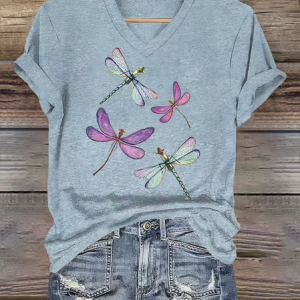 Casual Floral V Neck Short Sleeve T-shirt, T-shirts, color:Light Blue|size:5XL, catalog Noracora shop