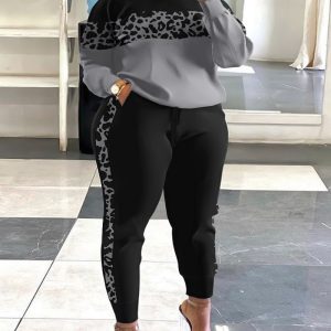 Plus Size Colorblock Leopard Print Top & Drawstring Pants Set, women Two Piece Sets(plus), ChicMe catalog