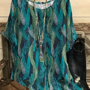 Vintage Feather Pattern Crew Neck Three Quarter Sleeve T-shirt, T-shirts, color:As Picture|size:4XL, catalog Noracora shop