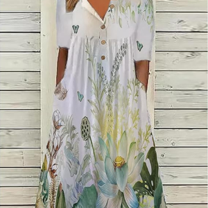 Women Floral Half Sleeve Summer Printing Dress Half Open Collar Daily Casual Maxi A-Line Dress, JustFashionNow Casual Dresses, color:White|size:5XL,