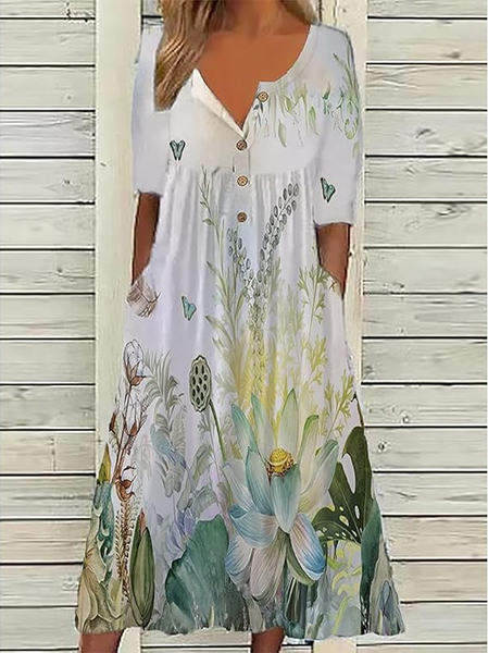Women Floral Half Sleeve Summer Printing Dress Half Open Collar Daily Casual Maxi A-Line Dress, JustFashionNow Casual Dresses, color:White|size:5XL,