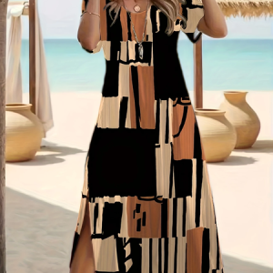 Women Geometric Short Sleeve Summer Printing Dress Crew Neck Daily Casual Maxi Fit & Flare Dress A-Line Dress, JustFashionNow Casual Dresses, color:As Picture|size:5XL,