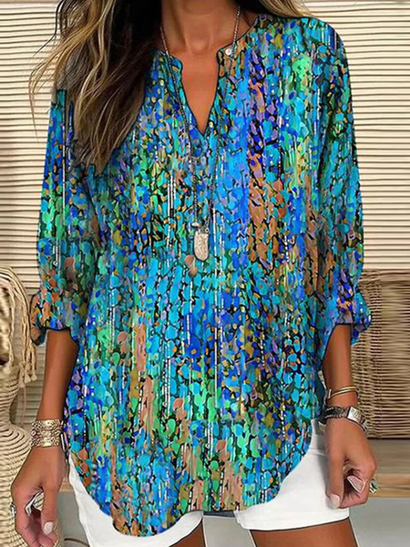 Women Geometric Half Sleeve Blouse Summer Shawl Collar Daily Casual Top, JustFashionNow Shirts, color:As Picture|size:4XL,
