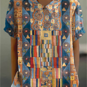 Casual Lapel Short Sleeve Printed Shirt, Blouses, Lilicloth.com