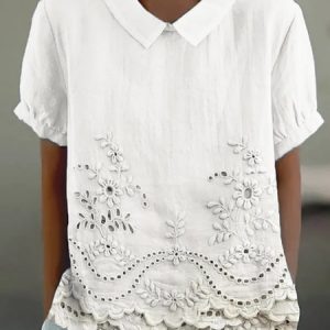 Shawl Collar Half Sleeve Plain Regular Loose Blouse For Women, Blouses, color:White|size:4XL, catalog Noracora shop