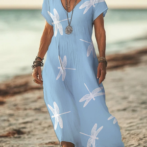 Women Dragonfly Short Sleeve Summer Printing Dress V Neck Daily Casual Maxi X-Line Dress, JustFashionNow Casual Dresses, color:Blue|size:3XL,