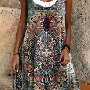 Vacation Ethnic Crew Neck Sleeveless Comfy Casual Midi Dress, Dresses, color:As Picture|size:3XL, catalog Noracora shop